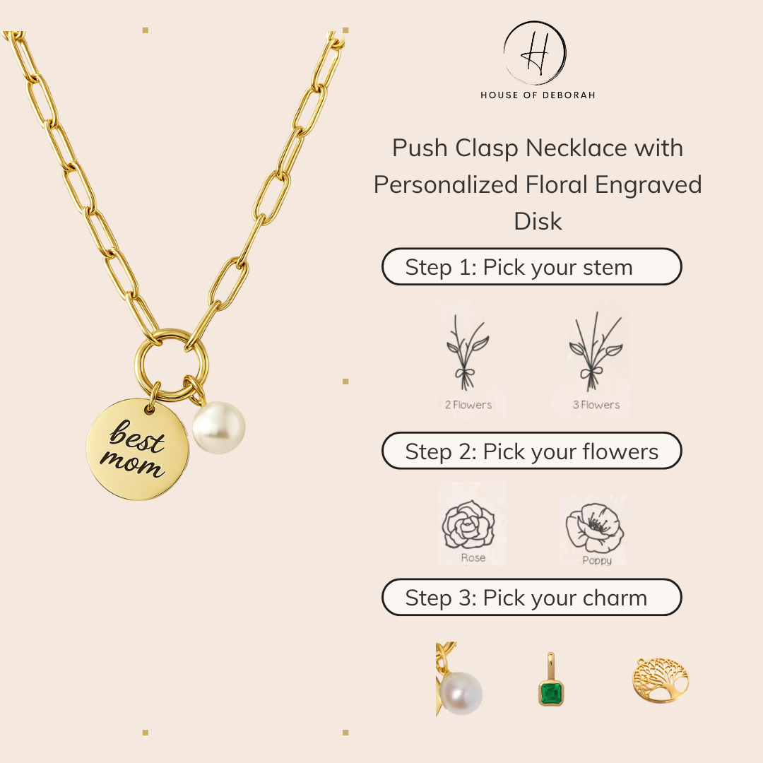 Push Clasp Necklace with Personalized Floral Engraved Disk and Optional Charm