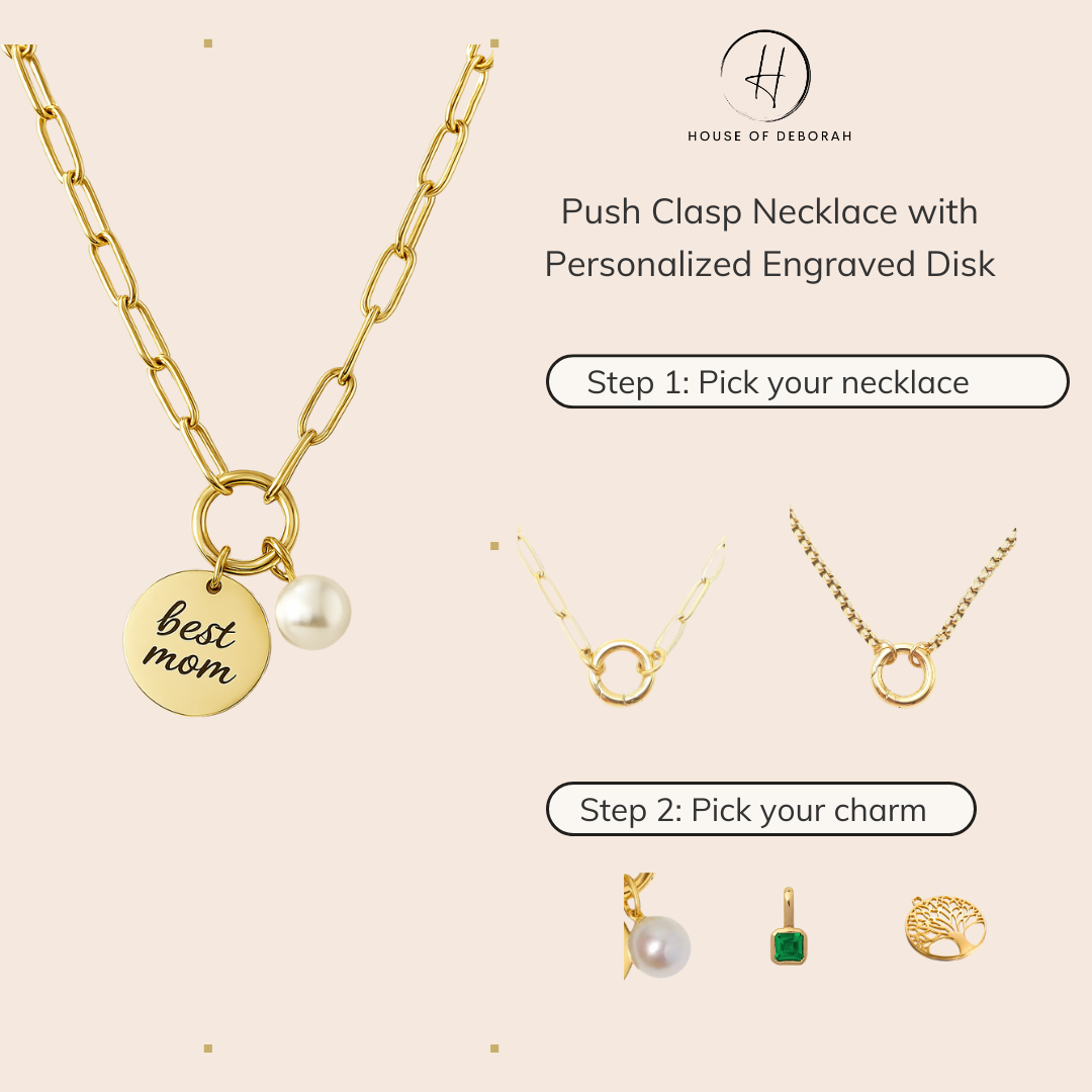Push Clasp Necklace with Personalized Engraved Disk and Optional Charm