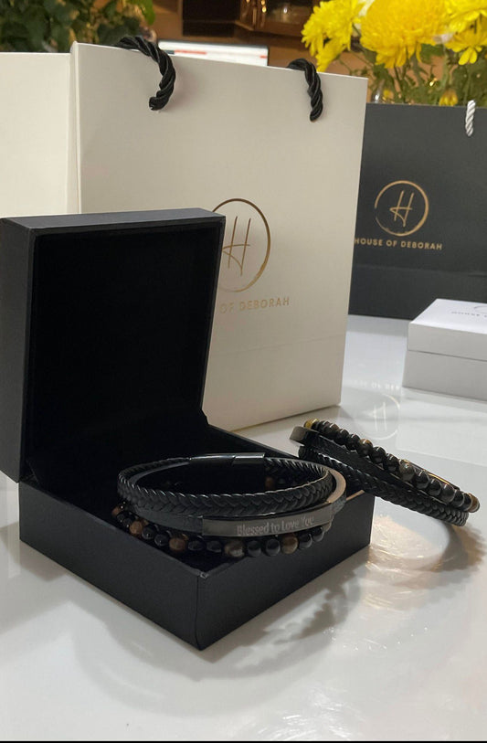 MEN'S NATURAL STONE BEAD MULTI-LAYER LEATHER BRACELET