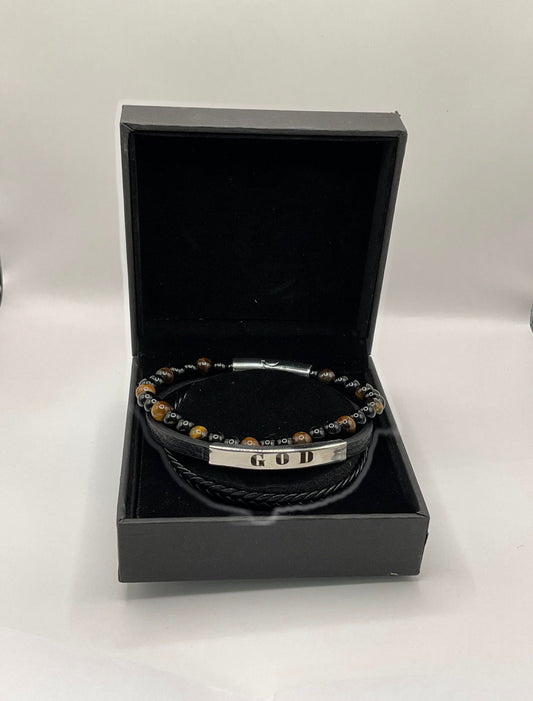 MEN'S NATURAL STONE BEAD MULTI-LAYER LEATHER BRACELET - SILVER