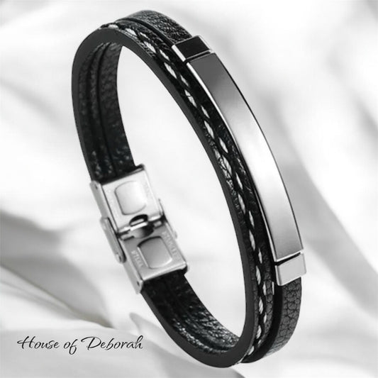 MEN'S LEATHER WEAVE BRACELET - SILVER