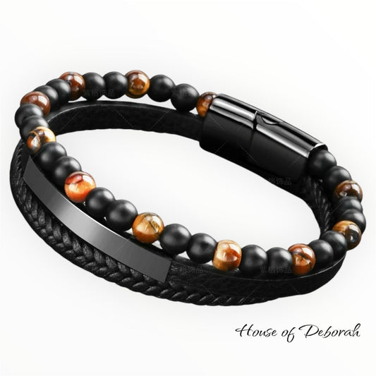 MEN'S NATURAL STONE BEAD MULTI-LAYER LEATHER BRACELET