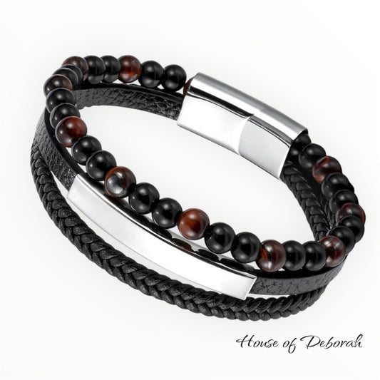 MEN'S NATURAL STONE BEAD MULTI-LAYER LEATHER BRACELET - SILVER